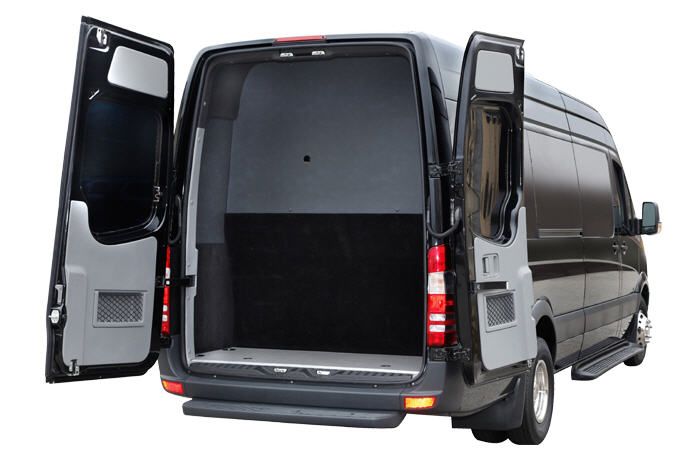 14 passenger sprinter van rear cargo area with doors open
