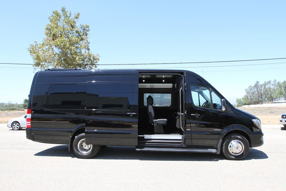 Mercedes Sprinter exterior, black shuttle van side profile