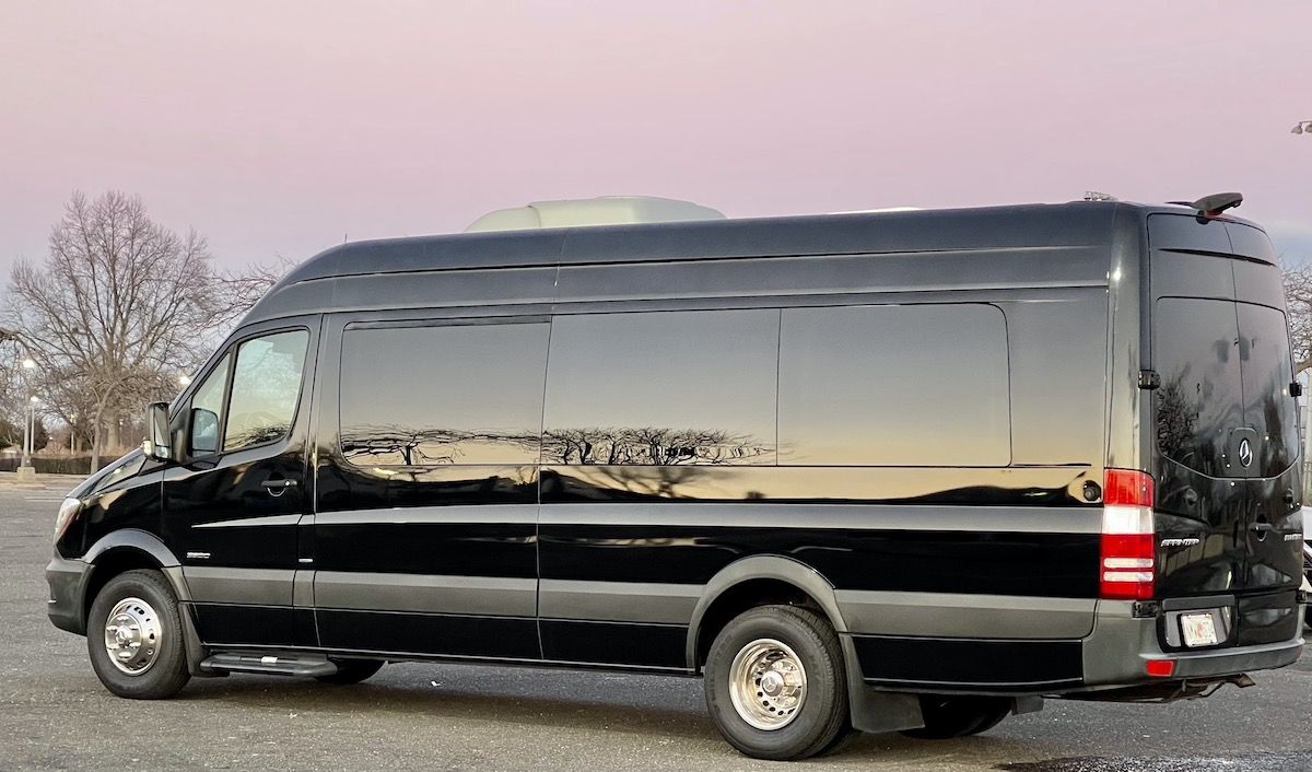 Mercedes Sprinter van side exterior at dusk