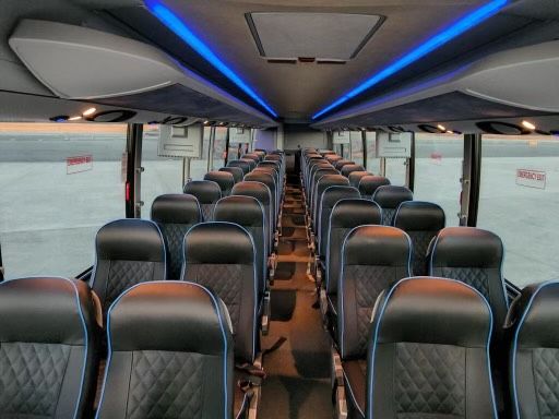 Setra charter bus cabin aisle with panoramic windows